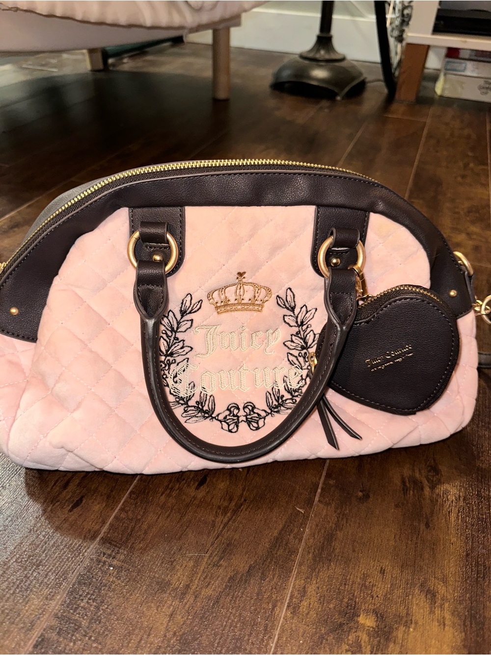 Juicy Couture Pink Quilted purse with Dark Brown Trim